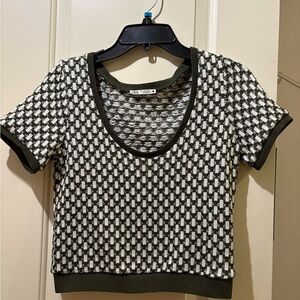 Zara Short Sleeve Knit Top in Olive and White